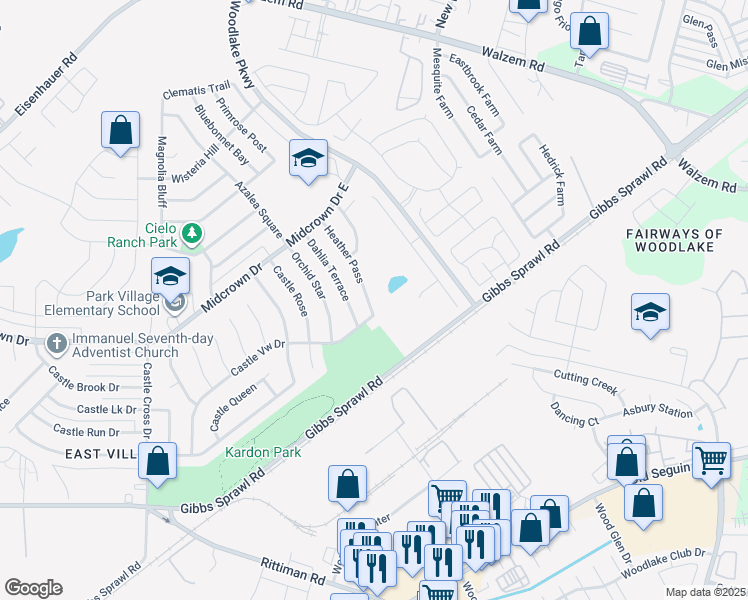 map of restaurants, bars, coffee shops, grocery stores, and more near 4811 Heather Pass in San Antonio