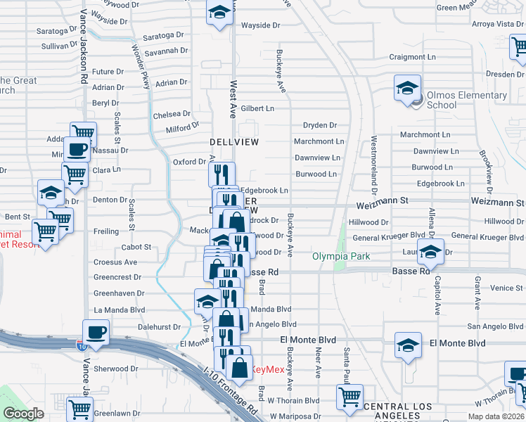 map of restaurants, bars, coffee shops, grocery stores, and more near 243 Redrock Drive in San Antonio
