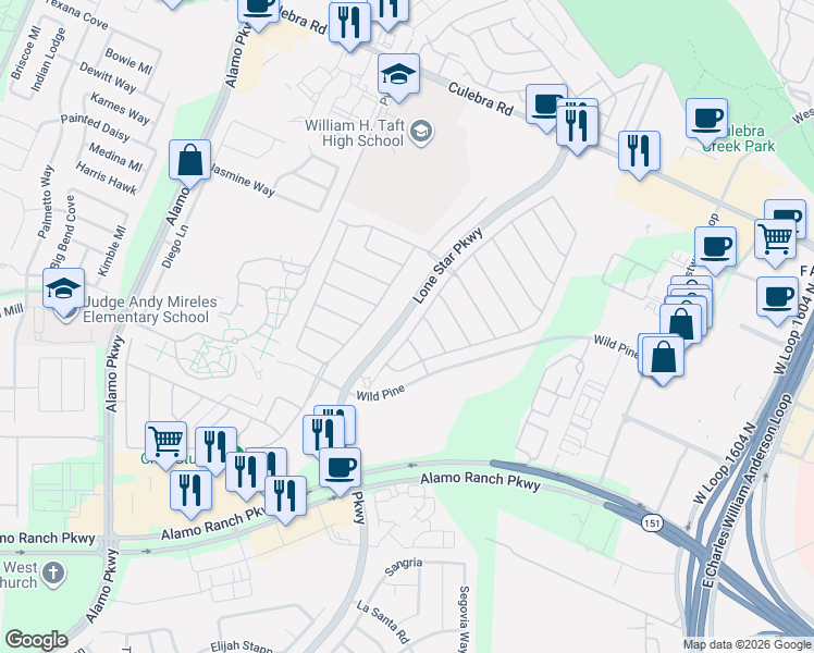map of restaurants, bars, coffee shops, grocery stores, and more near 5831 Cecilyann in San Antonio