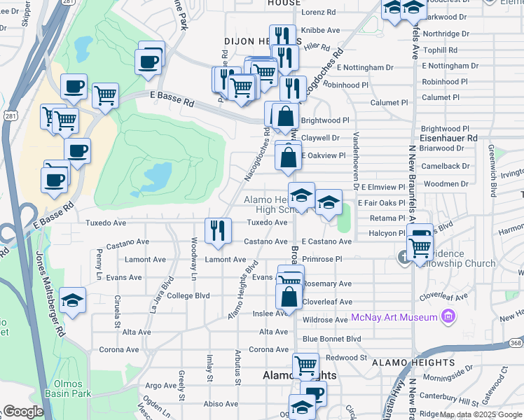 map of restaurants, bars, coffee shops, grocery stores, and more near 211 Tuxedo Avenue in San Antonio