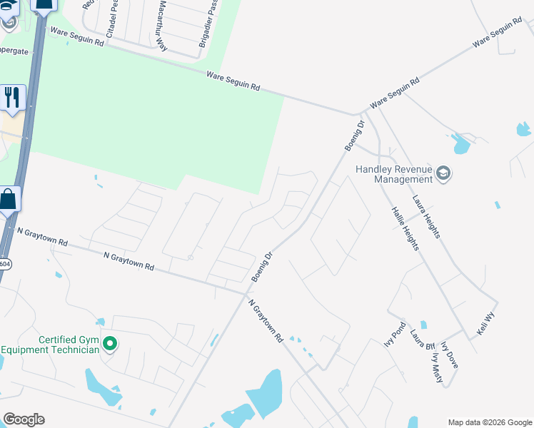 map of restaurants, bars, coffee shops, grocery stores, and more near 6410 Graytown Road in Converse