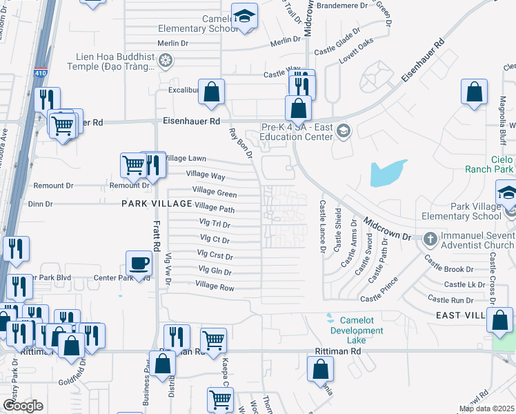 map of restaurants, bars, coffee shops, grocery stores, and more near 5175 Village Path in San Antonio