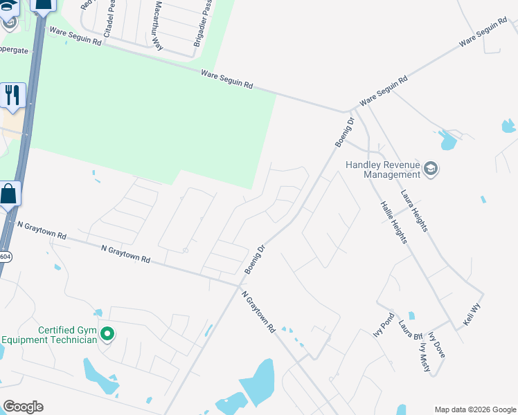 map of restaurants, bars, coffee shops, grocery stores, and more near 6410 Graytown Road in Converse