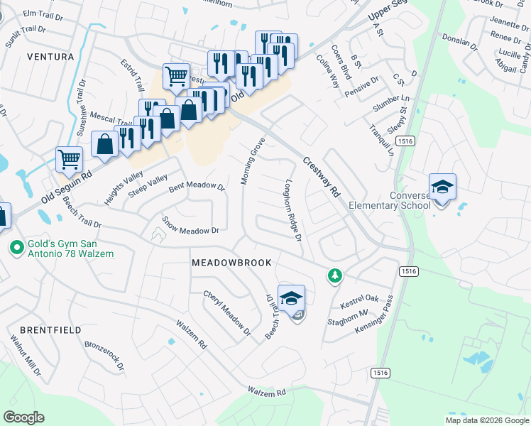 map of restaurants, bars, coffee shops, grocery stores, and more near 6830 Columbia Ridge Drive in Converse
