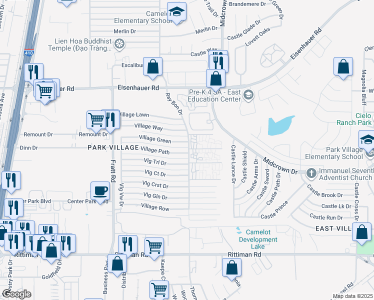 map of restaurants, bars, coffee shops, grocery stores, and more near 5175 Village Path in San Antonio