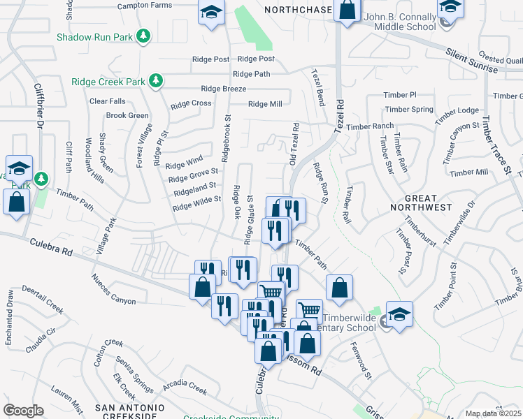 map of restaurants, bars, coffee shops, grocery stores, and more near 5311 Ashbury Drive in San Antonio