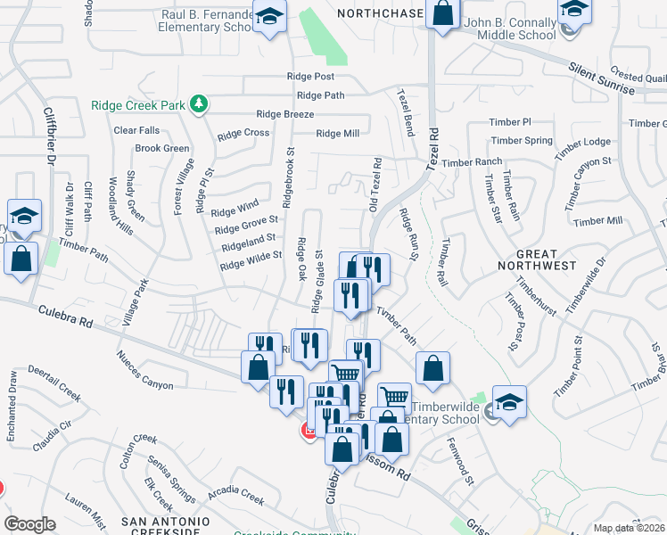 map of restaurants, bars, coffee shops, grocery stores, and more near 5311 Ashbury Drive in San Antonio