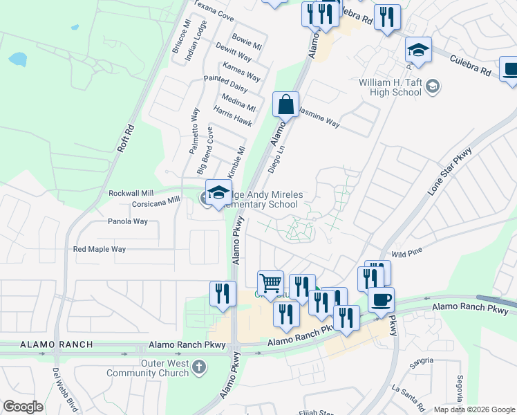 map of restaurants, bars, coffee shops, grocery stores, and more near 6002 Diego Lane in San Antonio