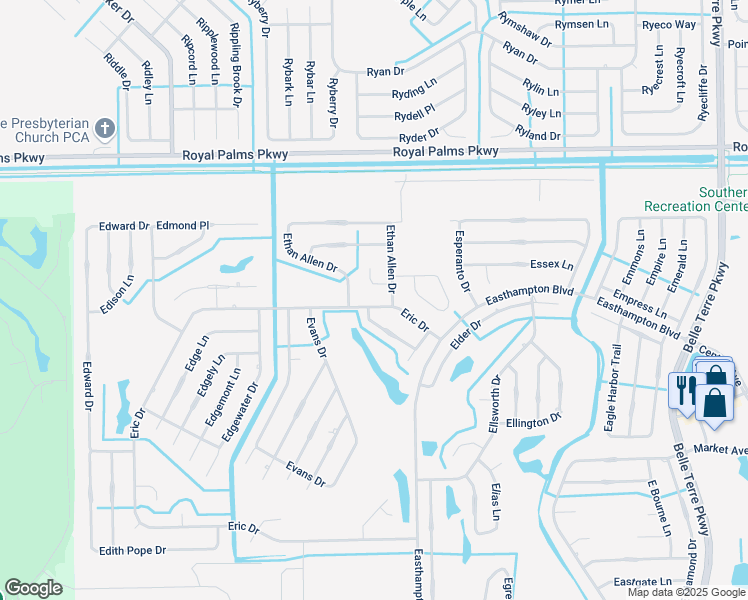 map of restaurants, bars, coffee shops, grocery stores, and more near 19 Eric Drive in Palm Coast
