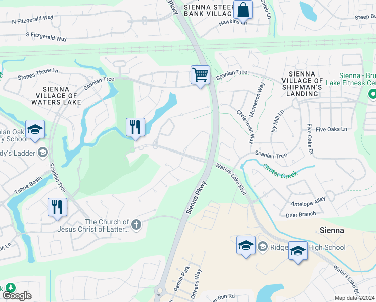 map of restaurants, bars, coffee shops, grocery stores, and more near 19 Waters Lake Boulevard in Missouri City