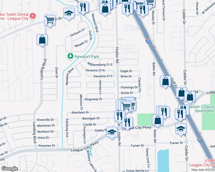 map of restaurants, bars, coffee shops, grocery stores, and more near 2010 Yorktown Court South in League City