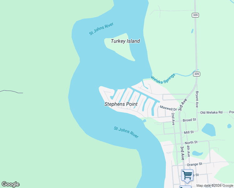 map of restaurants, bars, coffee shops, grocery stores, and more near 156 Moonlite Drive in Welaka