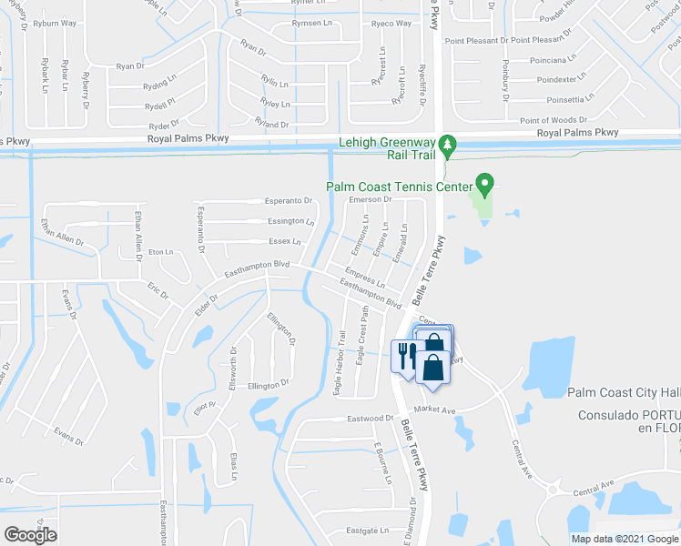 map of restaurants, bars, coffee shops, grocery stores, and more near 8 Eagle Place in Palm Coast