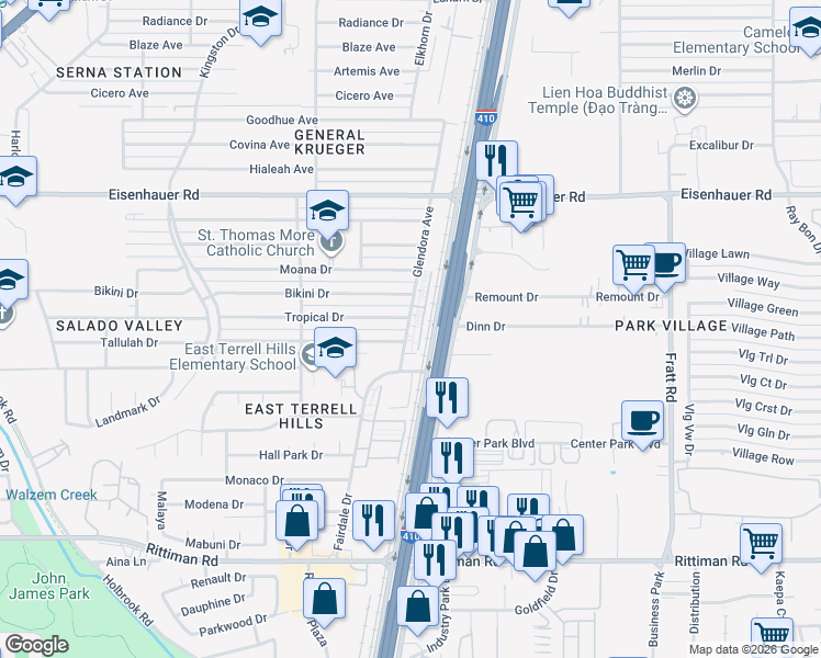 map of restaurants, bars, coffee shops, grocery stores, and more near 14 Glendora Avenue in San Antonio