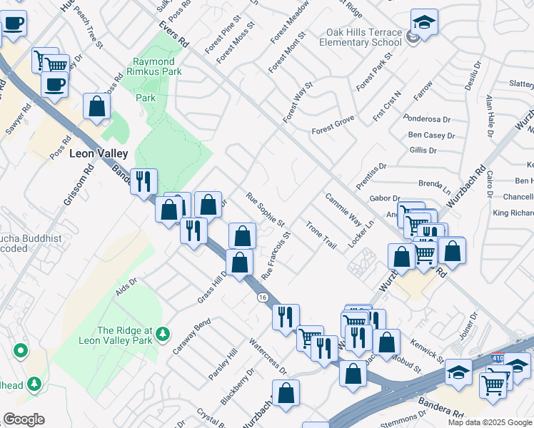 map of restaurants, bars, coffee shops, grocery stores, and more near 6114 Rue Sophie Street in San Antonio