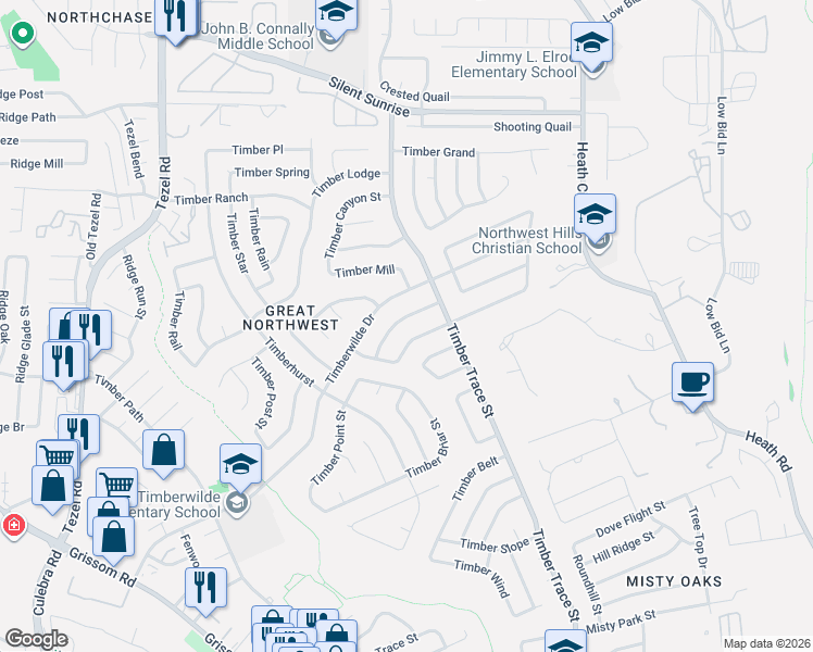 map of restaurants, bars, coffee shops, grocery stores, and more near 8418 Timber Glen Street in San Antonio