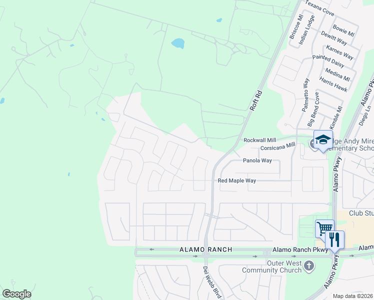 map of restaurants, bars, coffee shops, grocery stores, and more near 5838 Sweetwater Way in San Antonio