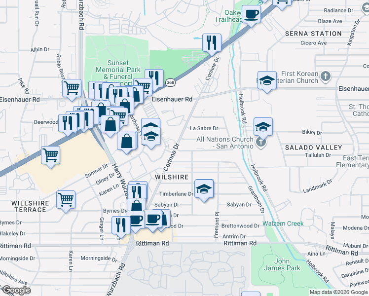 map of restaurants, bars, coffee shops, grocery stores, and more near 3614 Electra Drive in San Antonio