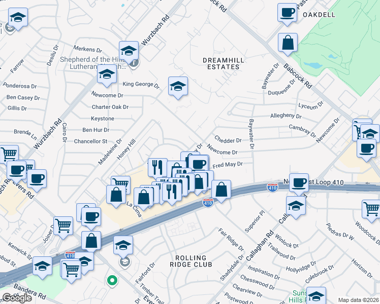map of restaurants, bars, coffee shops, grocery stores, and more near in San Antonio