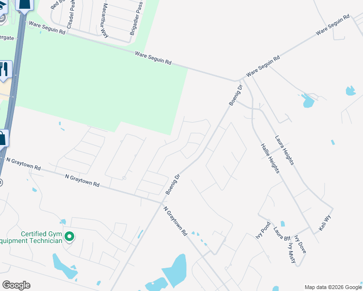 map of restaurants, bars, coffee shops, grocery stores, and more near 10601-10933 Boenig Drive in Converse