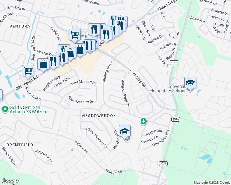 map of restaurants, bars, coffee shops, grocery stores, and more near 6830 Columbia Ridge Drive in Converse