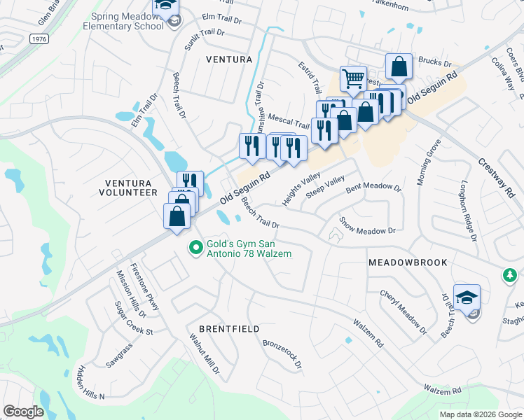 map of restaurants, bars, coffee shops, grocery stores, and more near 6711 Beech Trail Drive in Converse