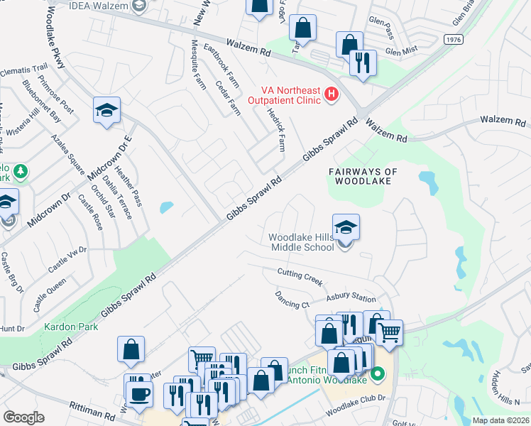 map of restaurants, bars, coffee shops, grocery stores, and more near 6910 Hanover Stone in San Antonio