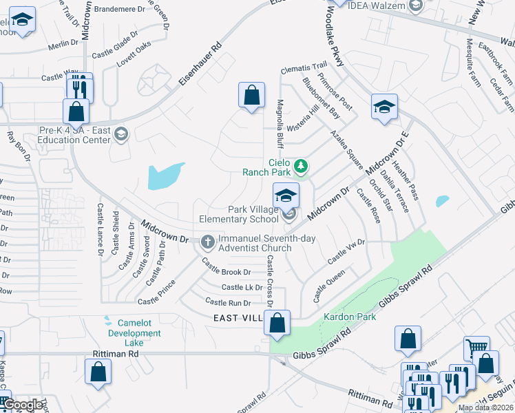 map of restaurants, bars, coffee shops, grocery stores, and more near 6834 Hibiscus Falls in San Antonio