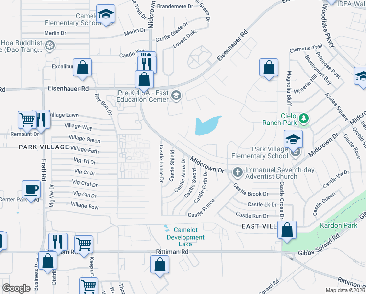 map of restaurants, bars, coffee shops, grocery stores, and more near 4879 Castle Arms in San Antonio