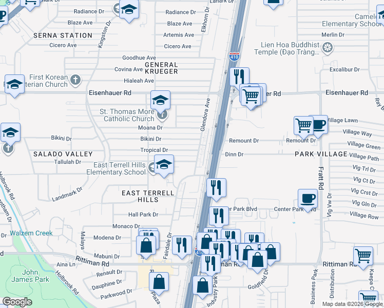 map of restaurants, bars, coffee shops, grocery stores, and more near 14 Glendora Avenue in San Antonio