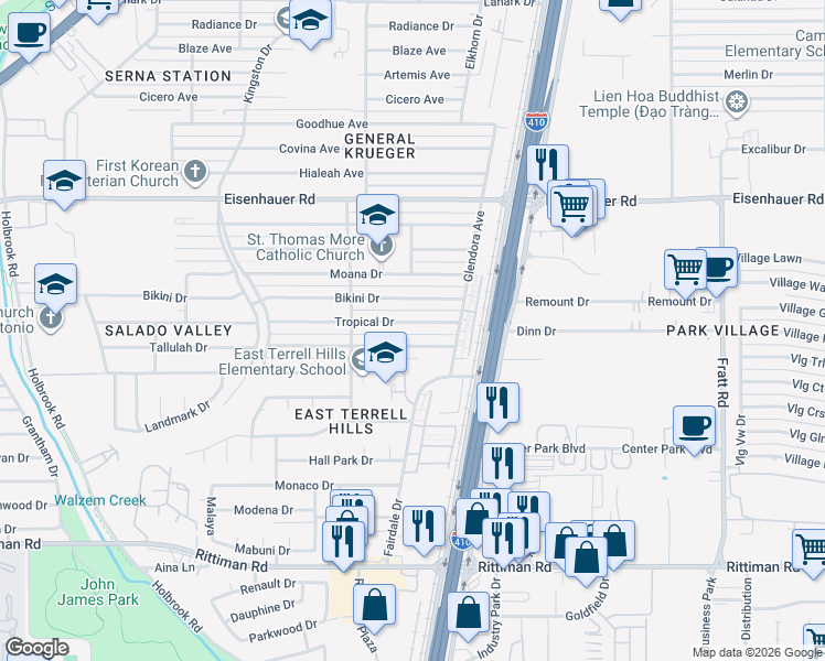 map of restaurants, bars, coffee shops, grocery stores, and more near 4506 Tallulah Drive in San Antonio