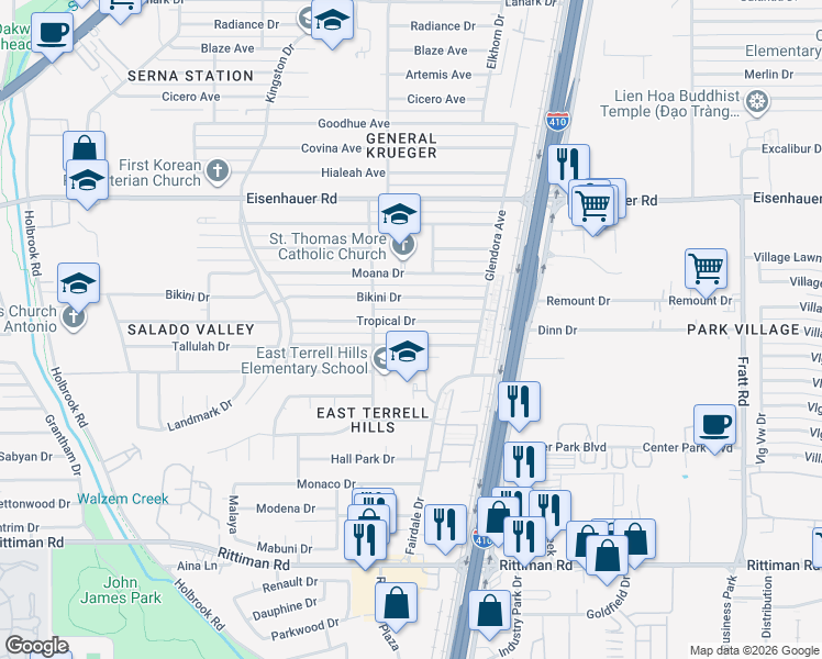 map of restaurants, bars, coffee shops, grocery stores, and more near 4418 Tallulah Drive in San Antonio