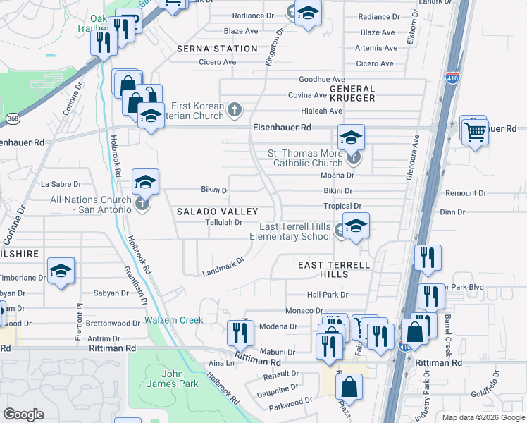 map of restaurants, bars, coffee shops, grocery stores, and more near 4130 Tallulah Drive in San Antonio