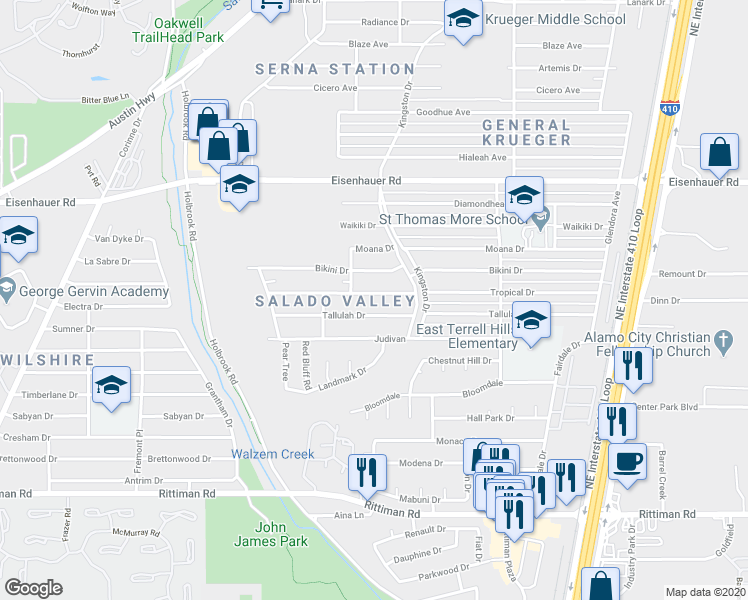 map of restaurants, bars, coffee shops, grocery stores, and more near 4130 Tallulah Drive in San Antonio