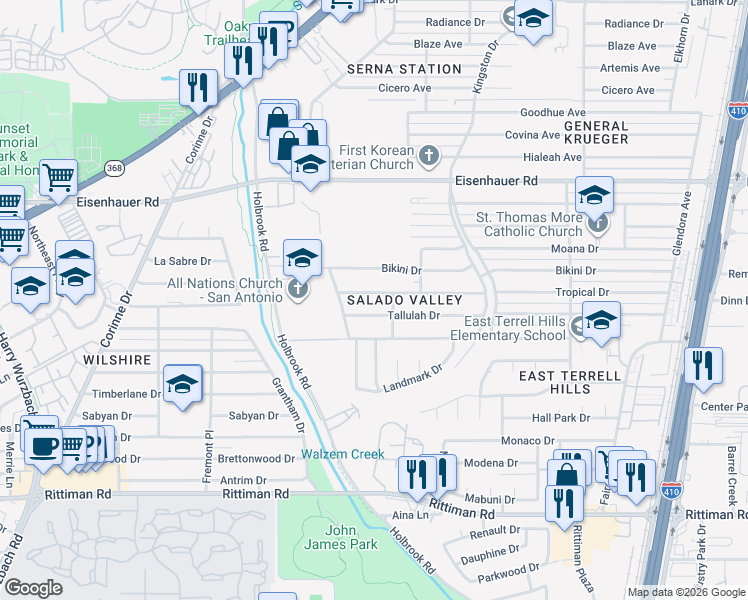 map of restaurants, bars, coffee shops, grocery stores, and more near 4034 Tallulah Drive in San Antonio