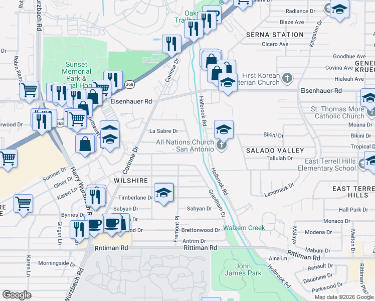 map of restaurants, bars, coffee shops, grocery stores, and more near 3742 Electra Drive in San Antonio