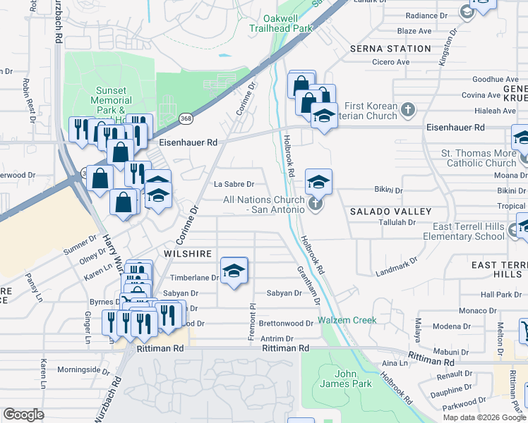map of restaurants, bars, coffee shops, grocery stores, and more near 3742 Electra Drive in San Antonio