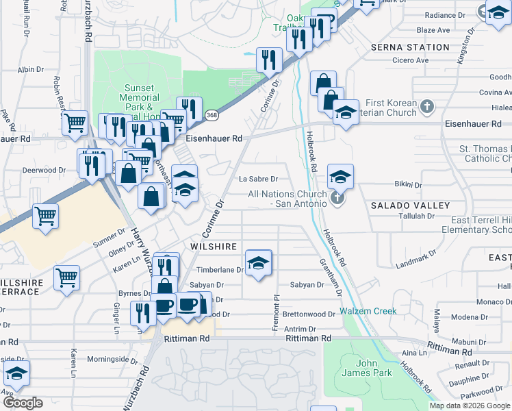 map of restaurants, bars, coffee shops, grocery stores, and more near 3714 Electra Drive in San Antonio