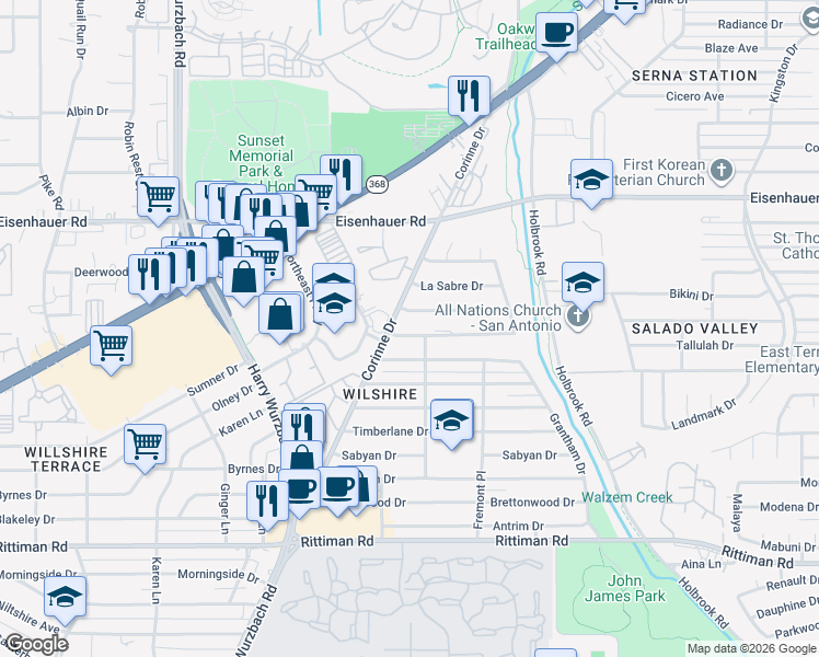map of restaurants, bars, coffee shops, grocery stores, and more near 3614 Electra Drive in San Antonio