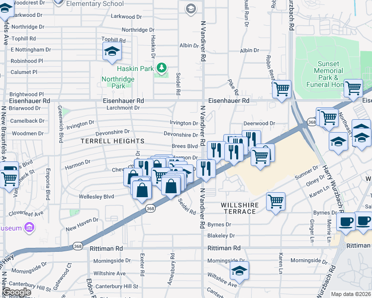 map of restaurants, bars, coffee shops, grocery stores, and more near 429 Harmon Drive in San Antonio