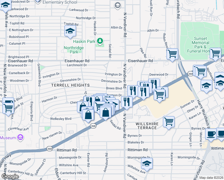 map of restaurants, bars, coffee shops, grocery stores, and more near 429 Harmon Drive in San Antonio