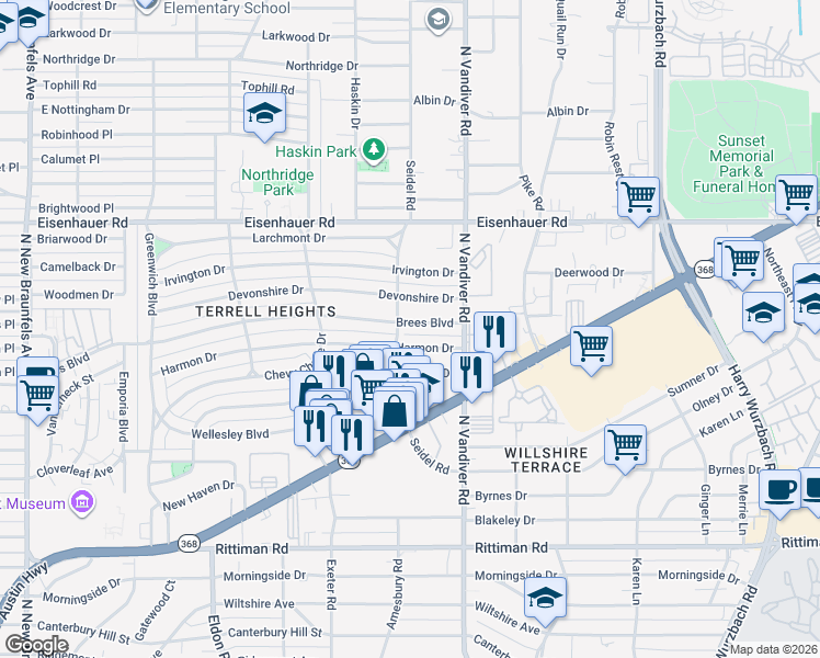 map of restaurants, bars, coffee shops, grocery stores, and more near 347 Harmon Drive in San Antonio