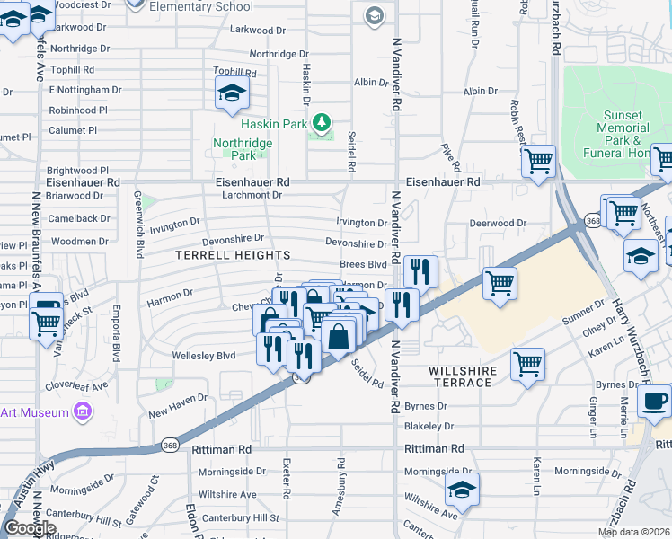 map of restaurants, bars, coffee shops, grocery stores, and more near 347 Harmon Drive in San Antonio