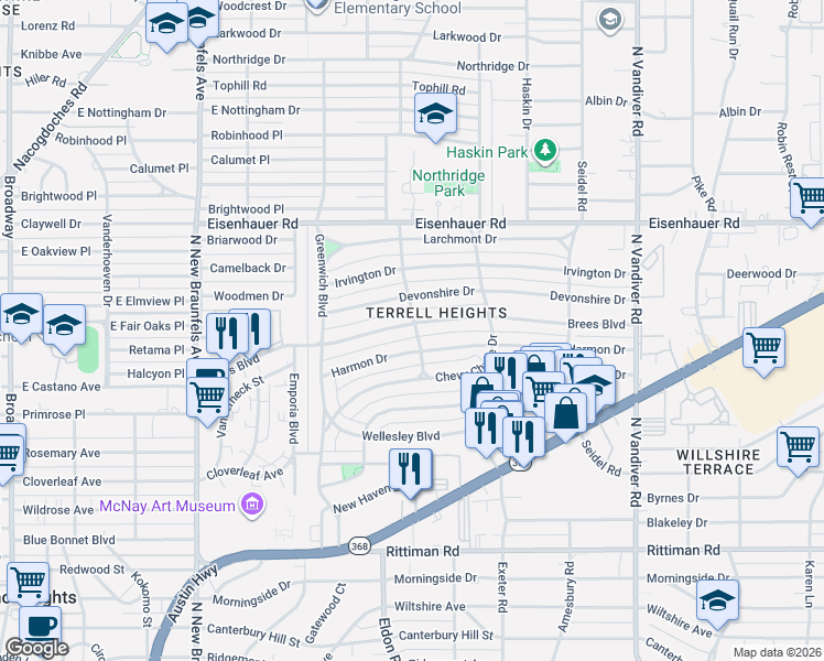 map of restaurants, bars, coffee shops, grocery stores, and more near 167 Harmon Drive in San Antonio