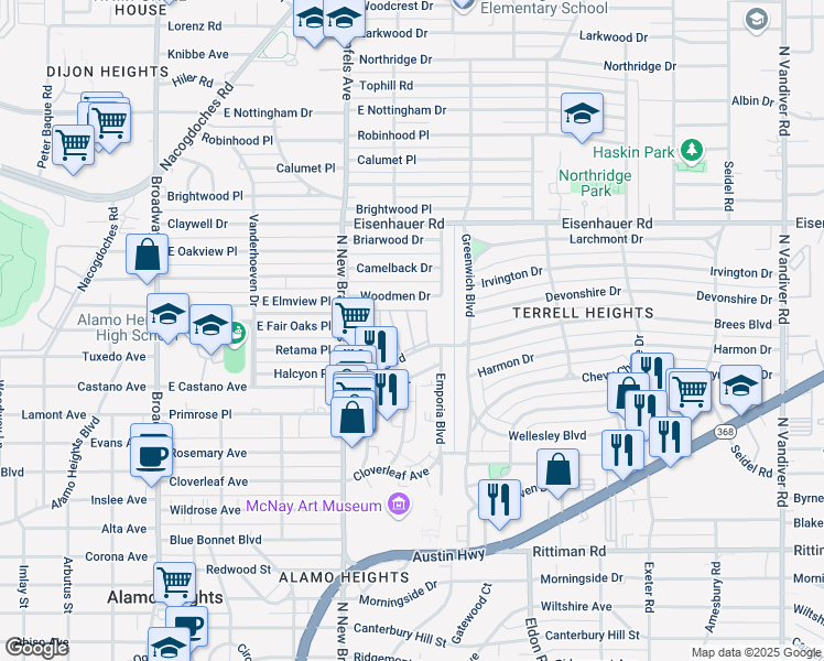 map of restaurants, bars, coffee shops, grocery stores, and more near 108 Brees Boulevard in San Antonio