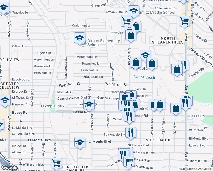 map of restaurants, bars, coffee shops, grocery stores, and more near 239 Hillwood Drive in San Antonio