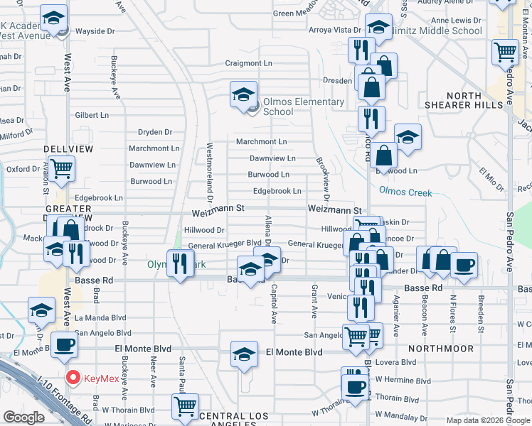 map of restaurants, bars, coffee shops, grocery stores, and more near 400 Hillwood Drive in San Antonio