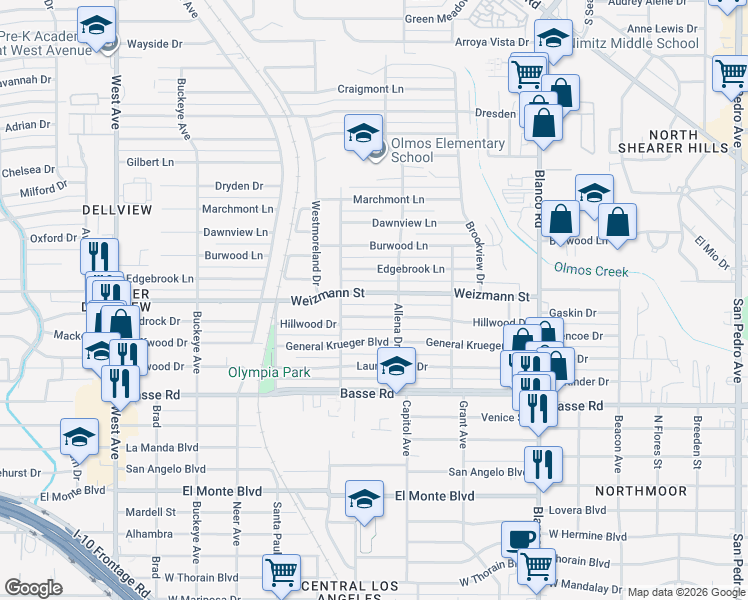 map of restaurants, bars, coffee shops, grocery stores, and more near 433 Hillwood Drive in San Antonio