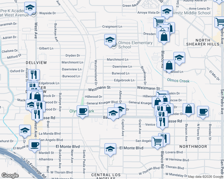 map of restaurants, bars, coffee shops, grocery stores, and more near 433 Hillwood Drive in San Antonio