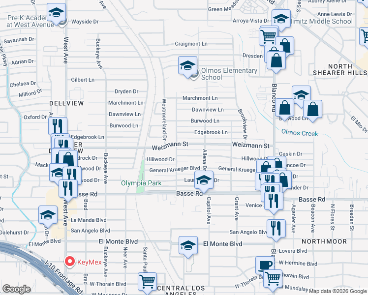 map of restaurants, bars, coffee shops, grocery stores, and more near 433 Hillwood Drive in San Antonio